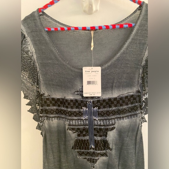 Free people women’s shirt size small. Lace & stitched detail. Color: Blue/Grey - Picture 3 of 3